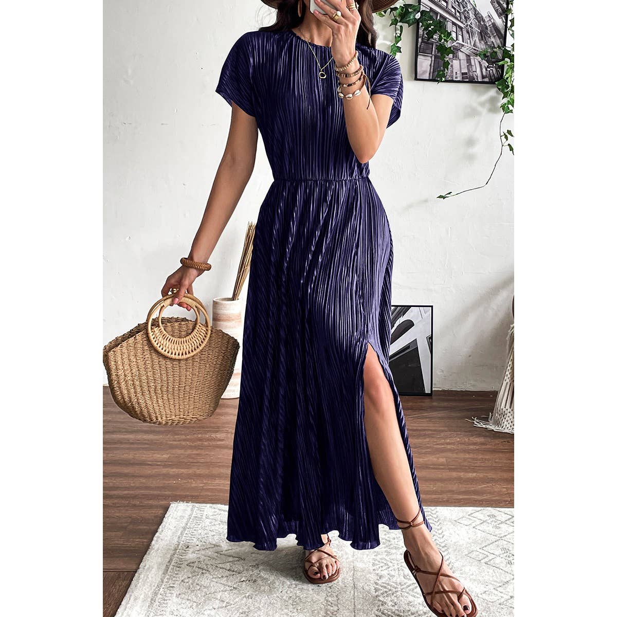 Ruched Round Neck Fit Solid Side Open Dress - MVTFASHION.COM