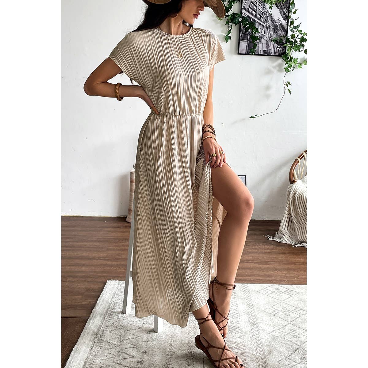 Ruched Round Neck Fit Solid Side Open Dress - MVTFASHION.COM