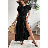 Ruched Round Neck Fit Solid Side Open Dress - MVTFASHION.COM