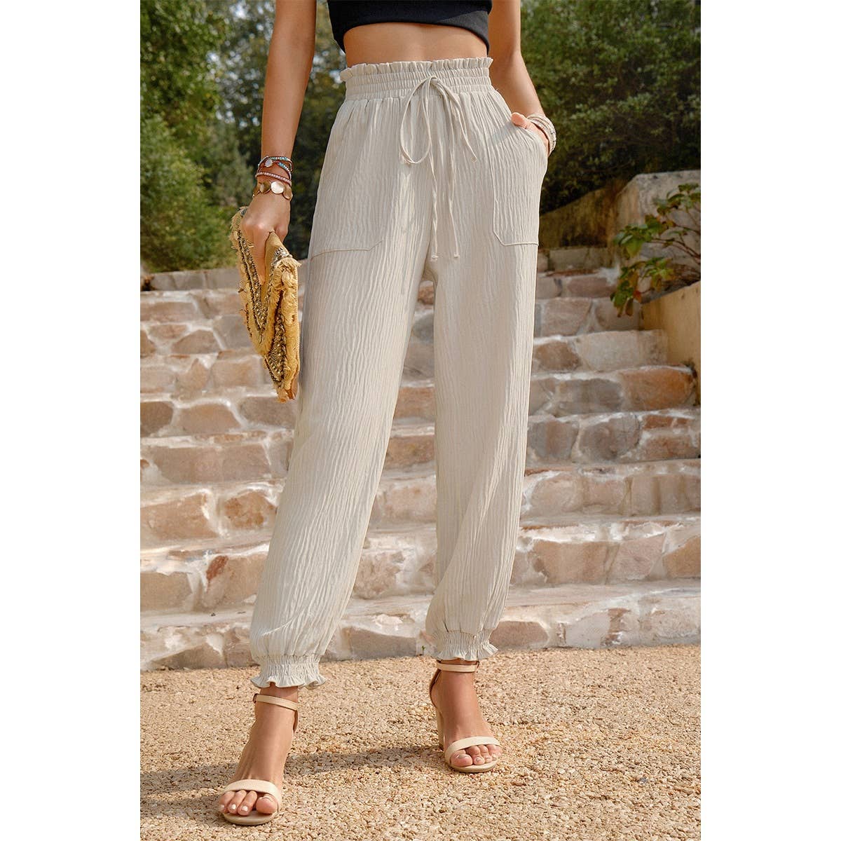 Ruched Solid Pockets Pant - MVTFASHION.COM