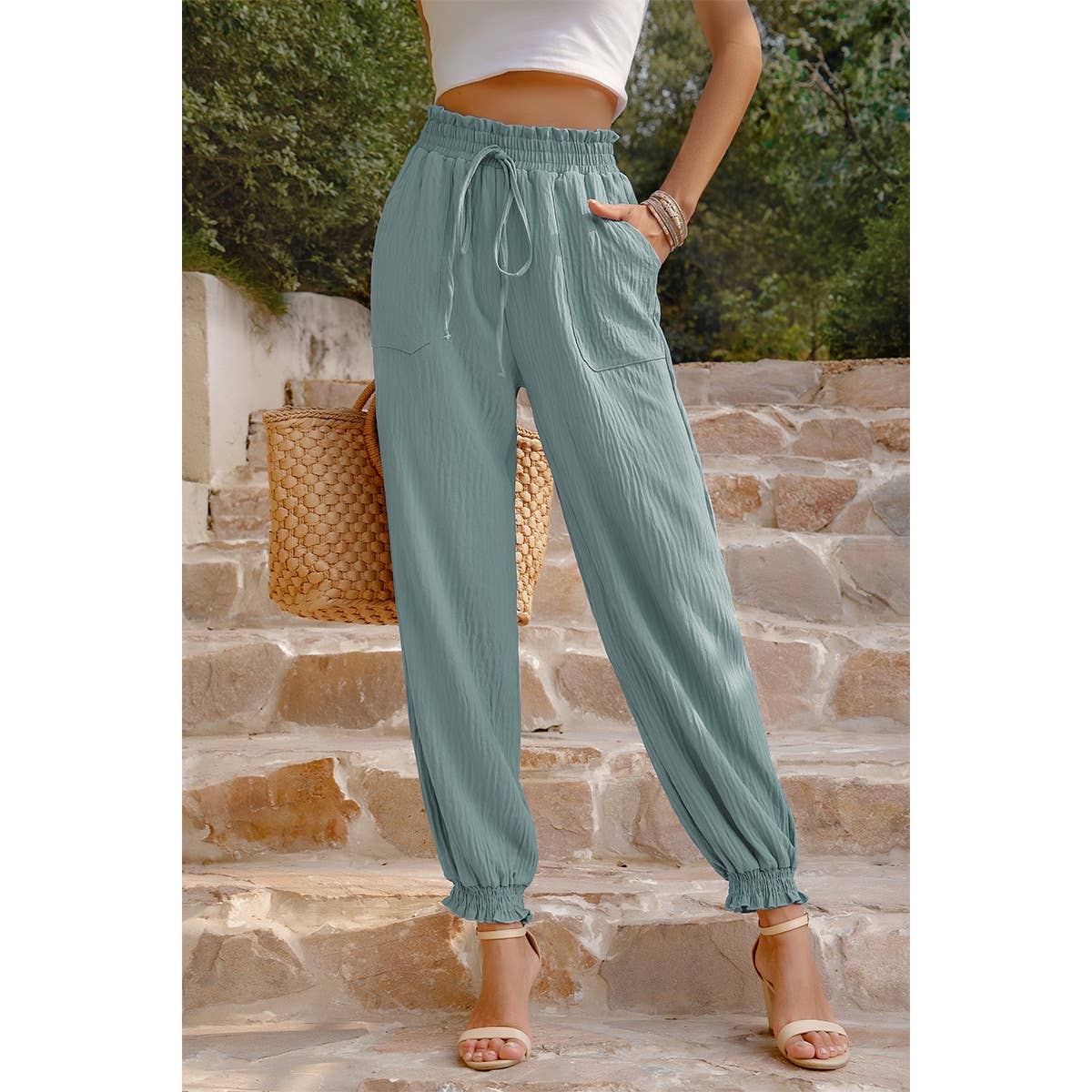 Ruched Solid Pockets Pant - MVTFASHION.COM