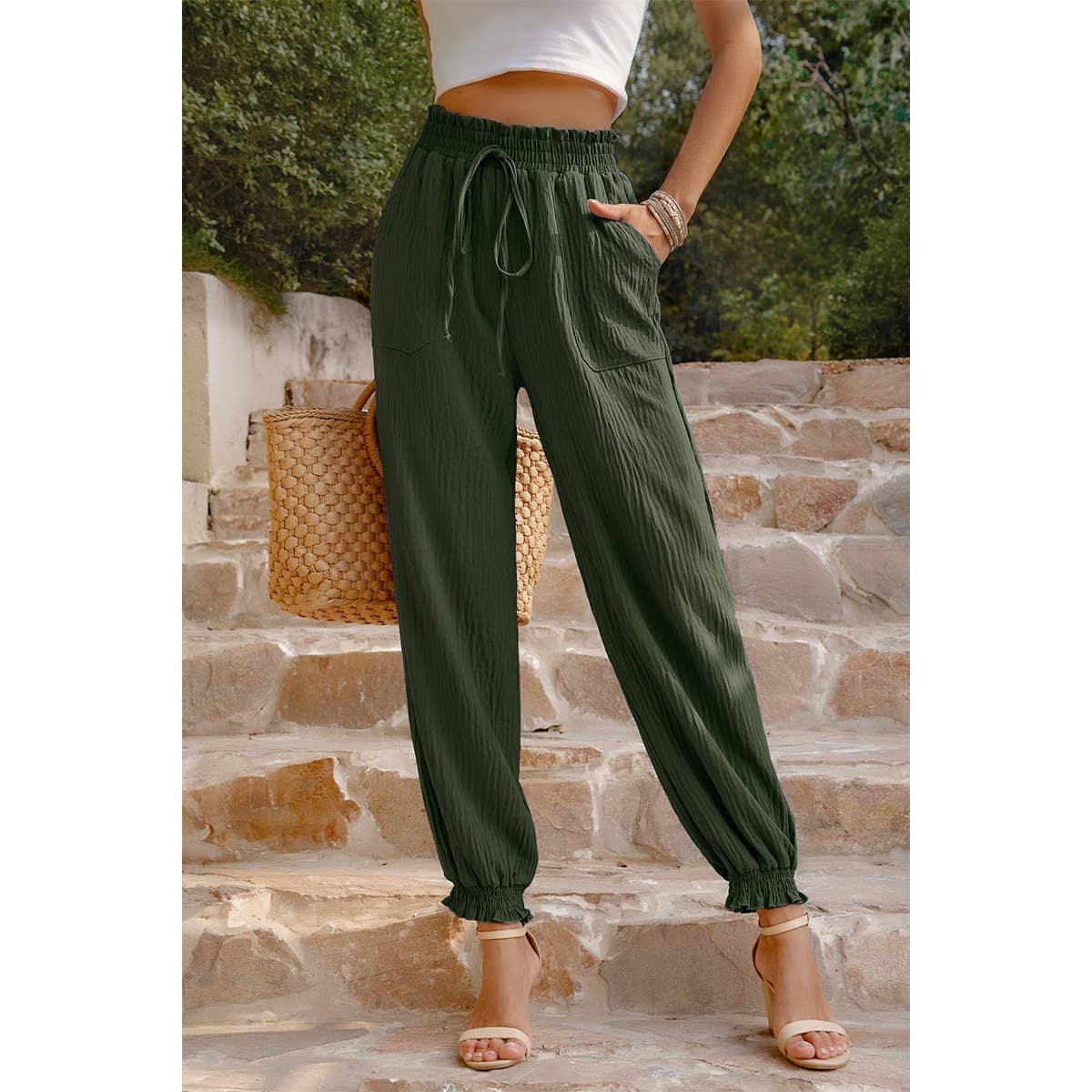 Ruched Solid Pockets Pant - MVTFASHION.COM