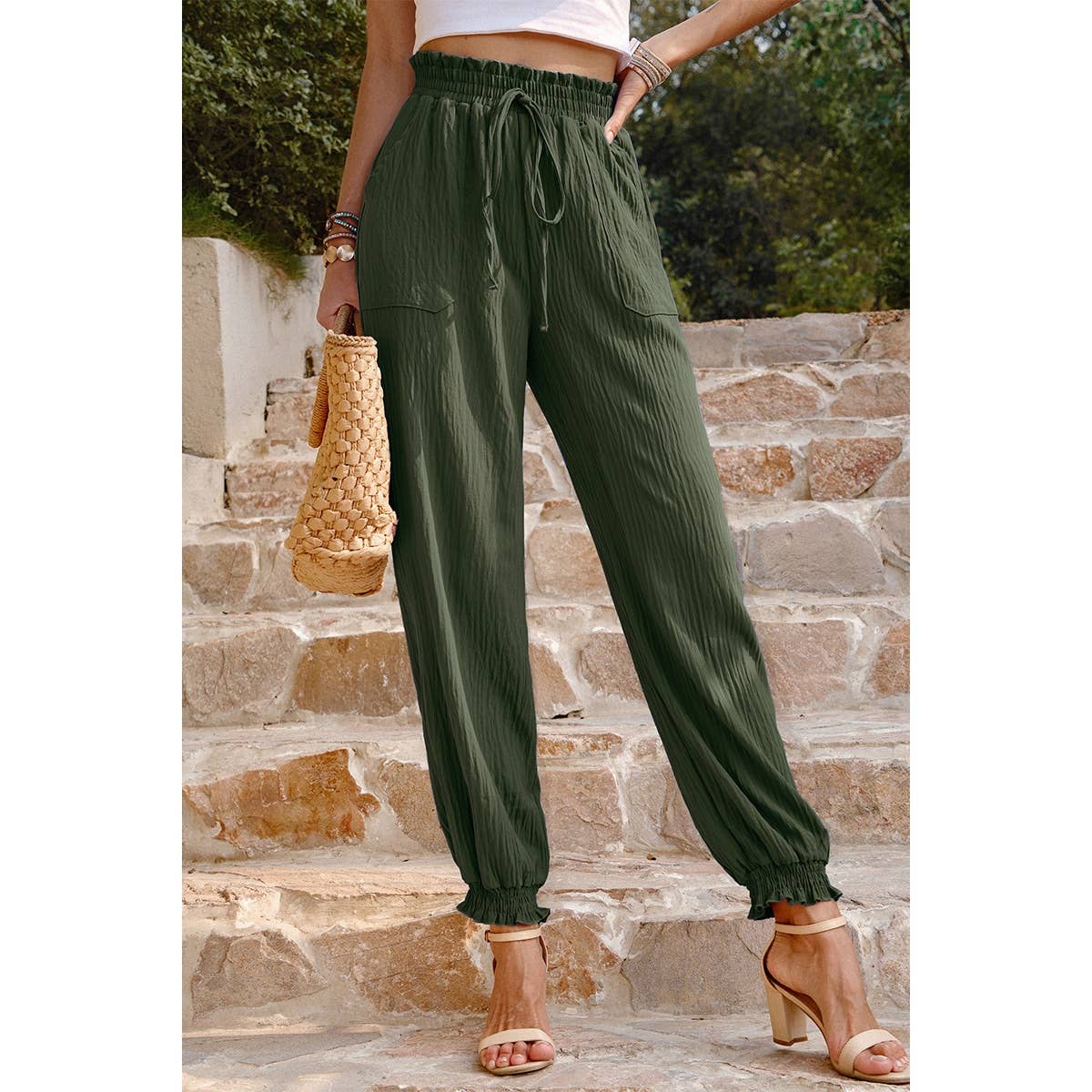 Ruched Solid Pockets Pant - MVTFASHION.COM