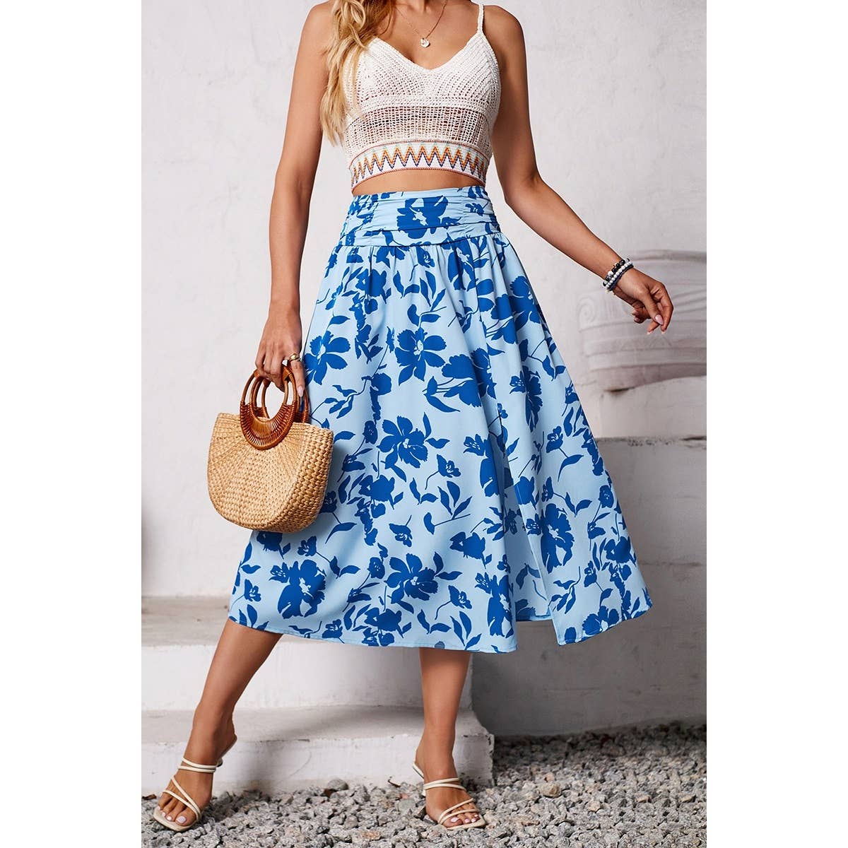 Ruched Waist Floral Print Side Open Skirt - MVTFASHION.COM