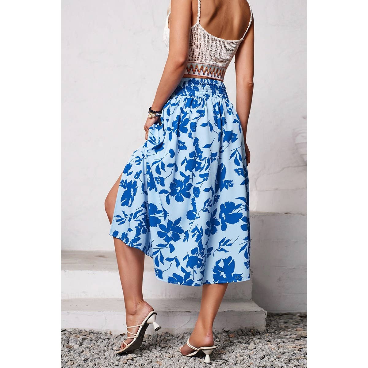 Ruched Waist Floral Print Side Open Skirt - MVTFASHION.COM