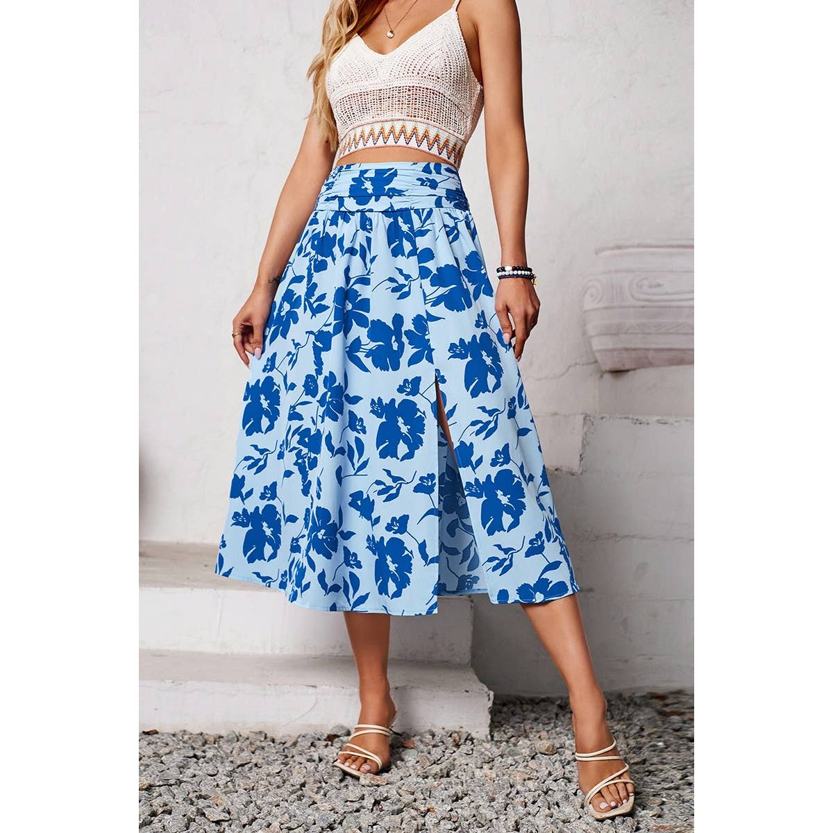 Ruched Waist Floral Print Side Open Skirt - MVTFASHION.COM