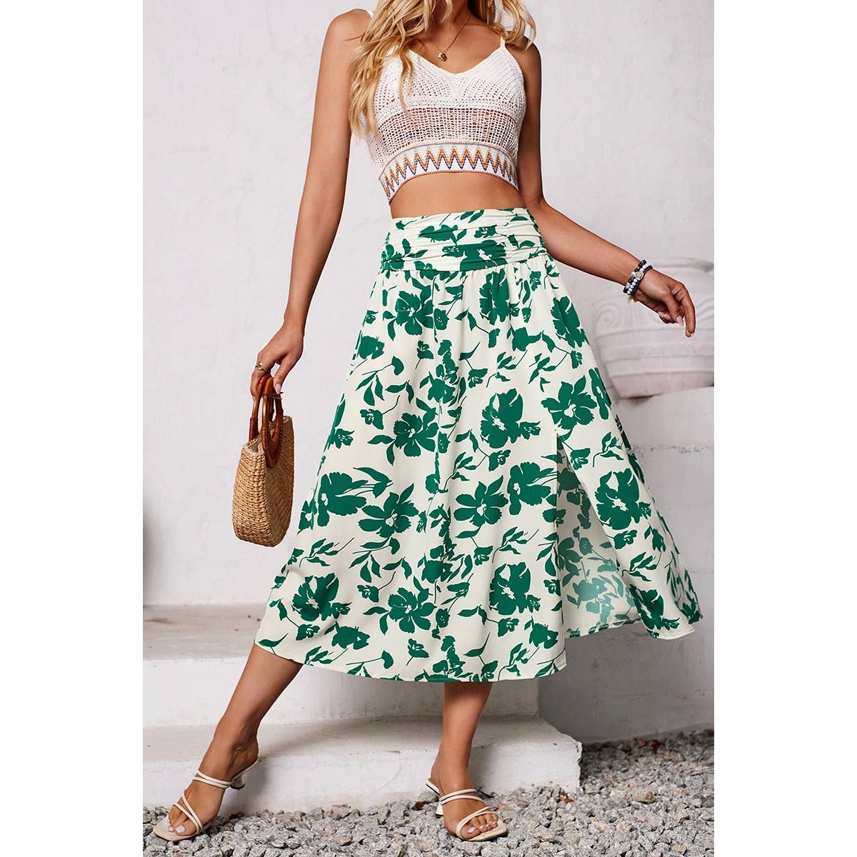 Ruched Waist Floral Print Side Open Skirt - MVTFASHION.COM