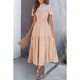 Ruffle Sleeve And Hem Top Shirred Crew Neck Dress - MVTFASHION.COM