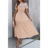 Ruffle Sleeve And Hem Top Shirred Crew Neck Dress - MVTFASHION.COM