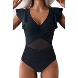 Ruffle Sleeves Deep V Neck Cross Lace Swimsuit - MVTFASHION.COM