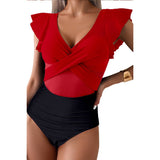 Ruffle Sleeves Deep V Neck Cross Lace Swimsuit - MVTFASHION.COM