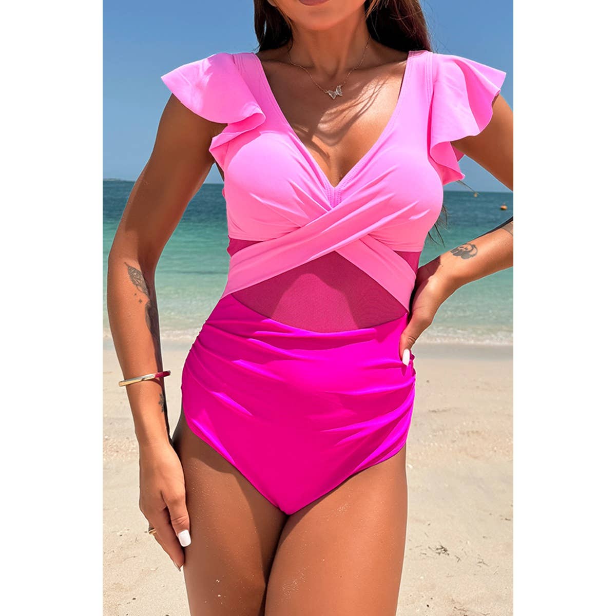 Ruffle Sleeves Deep V Neck Cross Lace Swimsuit - MVTFASHION.COM