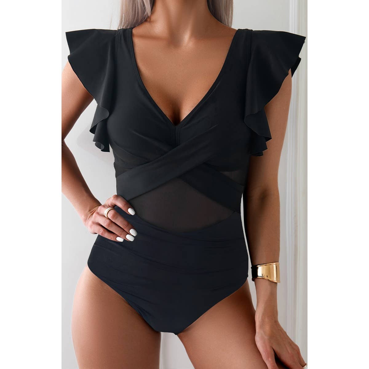 Ruffle Sleeves Deep V Neck Cross Lace Swimsuit - MVTFASHION.COM