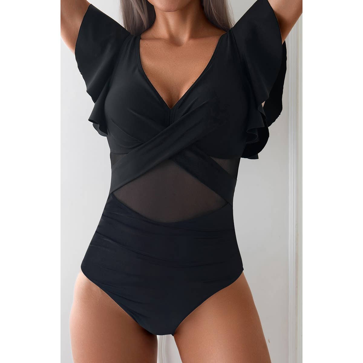 Ruffle Sleeves Deep V Neck Cross Lace Swimsuit - MVTFASHION.COM