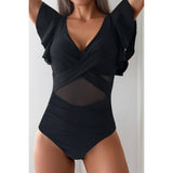 Ruffle Sleeves Deep V Neck Cross Lace Swimsuit - MVTFASHION.COM