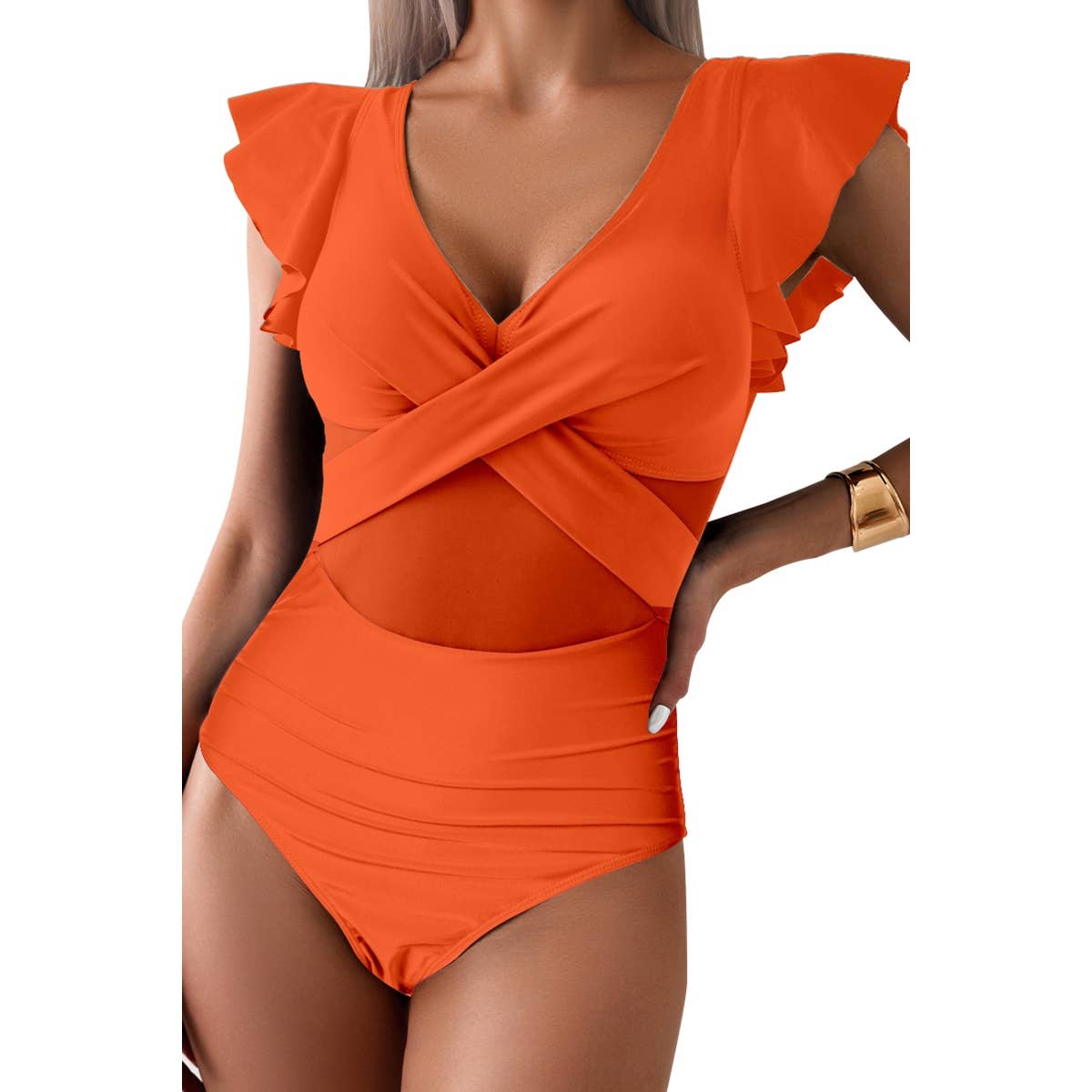 Ruffle Sleeves Deep V Neck Cross Lace Swimsuit - MVTFASHION.COM