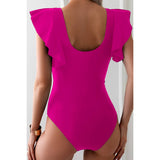 Ruffle Sleeves Deep V Neck Cross Lace Swimsuit - MVTFASHION.COM