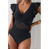 Ruffle Sleeves Deep V Neck Cross Lace Swimsuit - MVTFASHION.COM