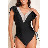 Ruffle Sleeves Lace Color Block Ruched Swimsuit - MVTFASHION.COM