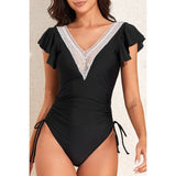 Ruffle Sleeves Lace Color Block Ruched Swimsuit - MVTFASHION.COM