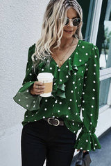 RUFFLE V NECK LONG SLEEVES DOT TOP - MVTFASHION.COM