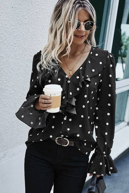 RUFFLE V NECK LONG SLEEVES DOT TOP - MVTFASHION.COM