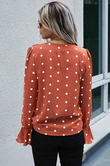 RUFFLE V NECK LONG SLEEVES DOT TOP - MVTFASHION.COM