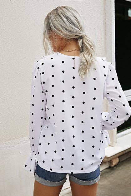 RUFFLE V NECK LONG SLEEVES DOT TOP - MVTFASHION.COM