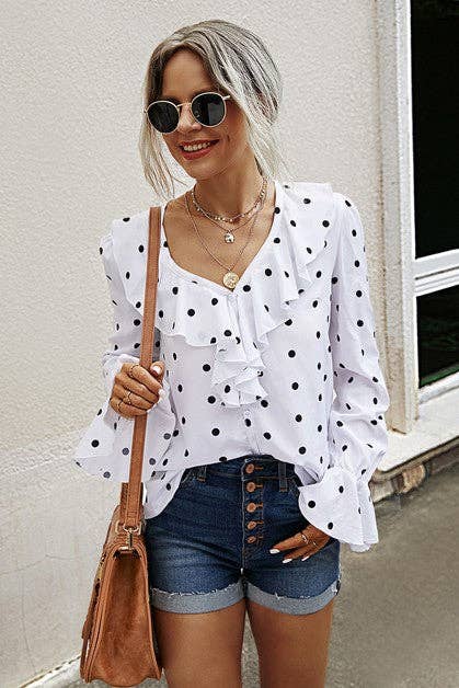 RUFFLE V NECK LONG SLEEVES DOT TOP - MVTFASHION.COM