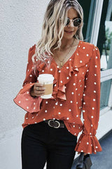 RUFFLE V NECK LONG SLEEVES DOT TOP - MVTFASHION.COM