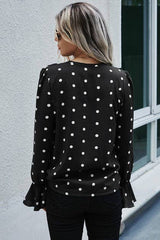 RUFFLE V NECK LONG SLEEVES DOT TOP - MVTFASHION.COM