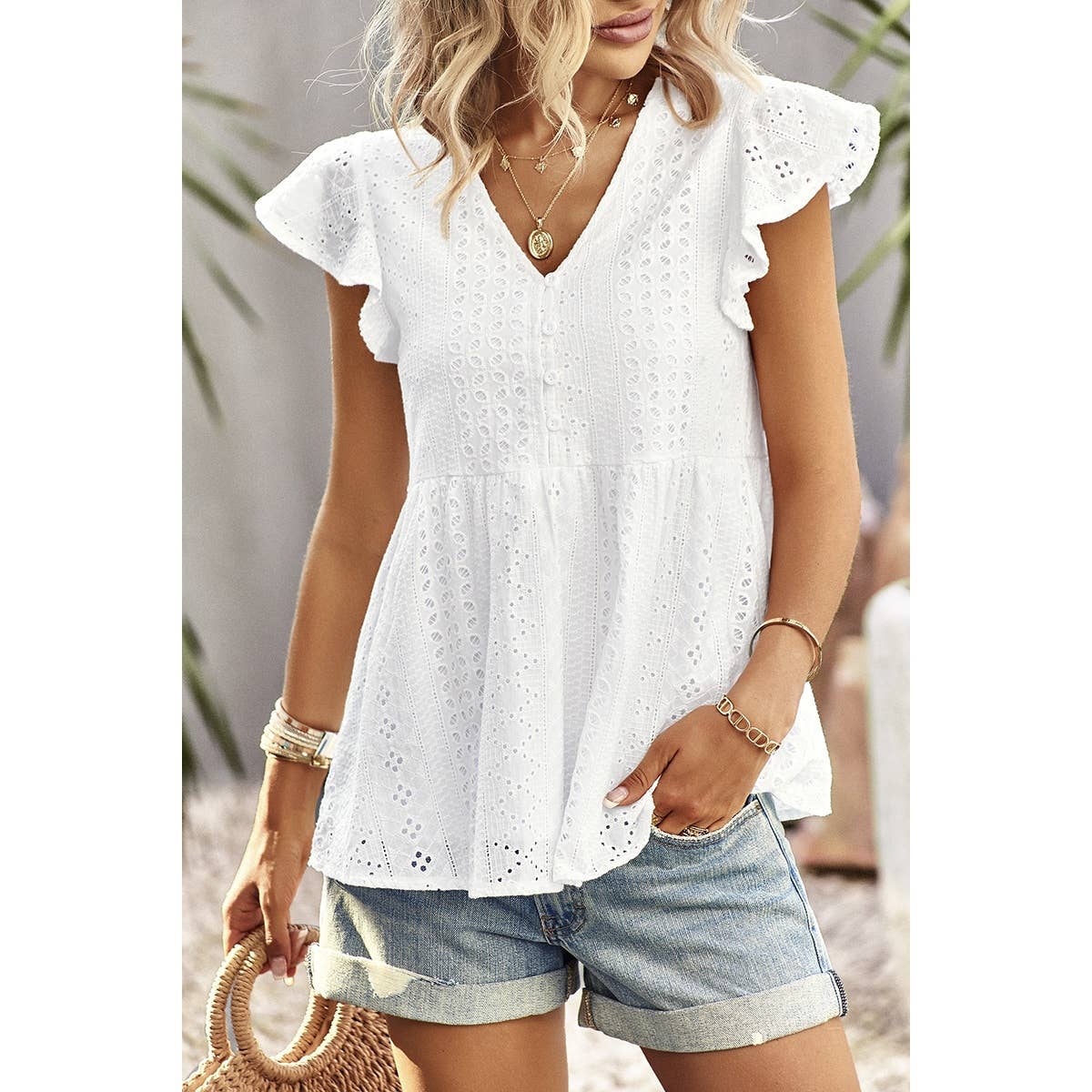 Ruffled Hollow Out V Neck Trim Peplum Top - MVTFASHION.COM