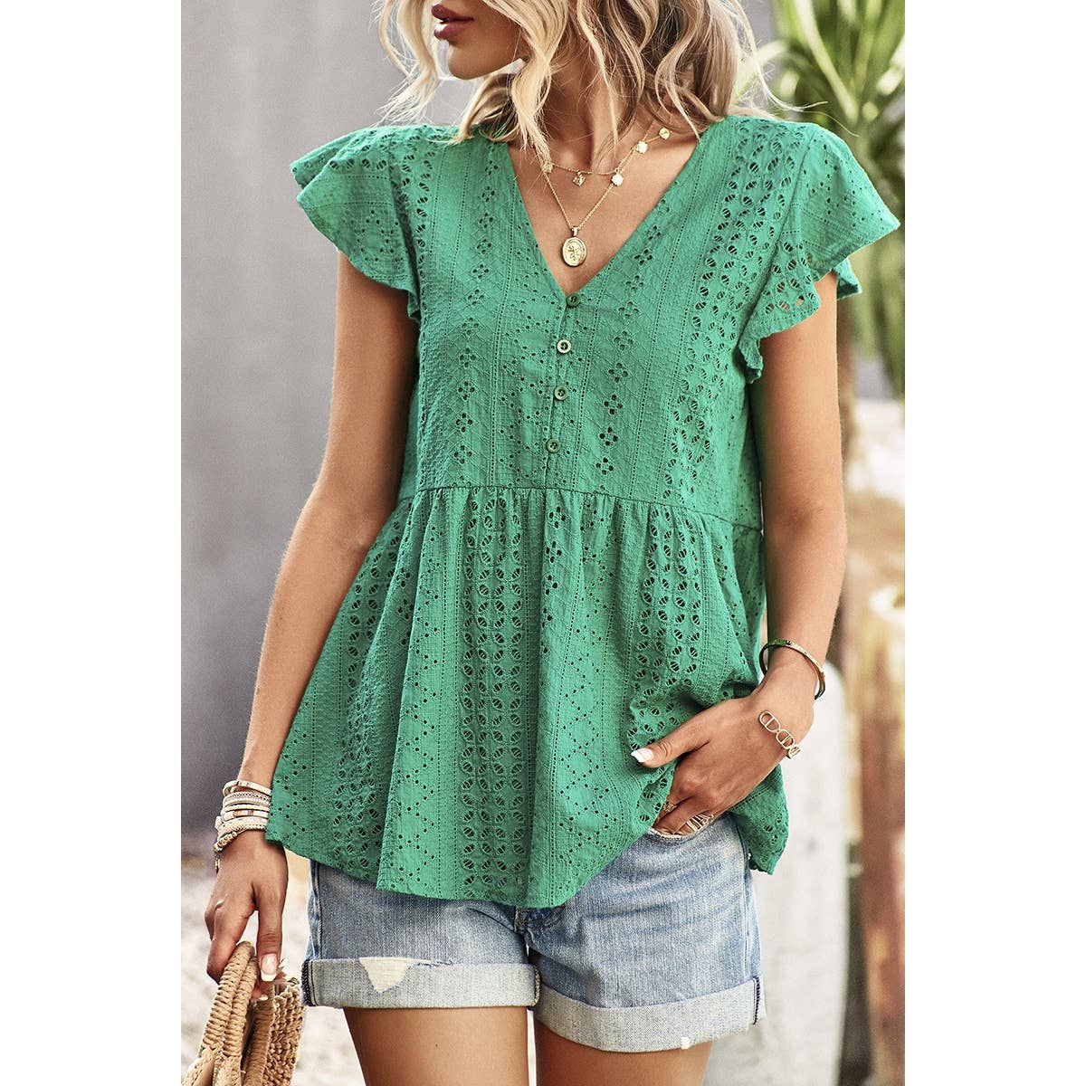 Ruffled Hollow Out V Neck Trim Peplum Top - MVTFASHION.COM