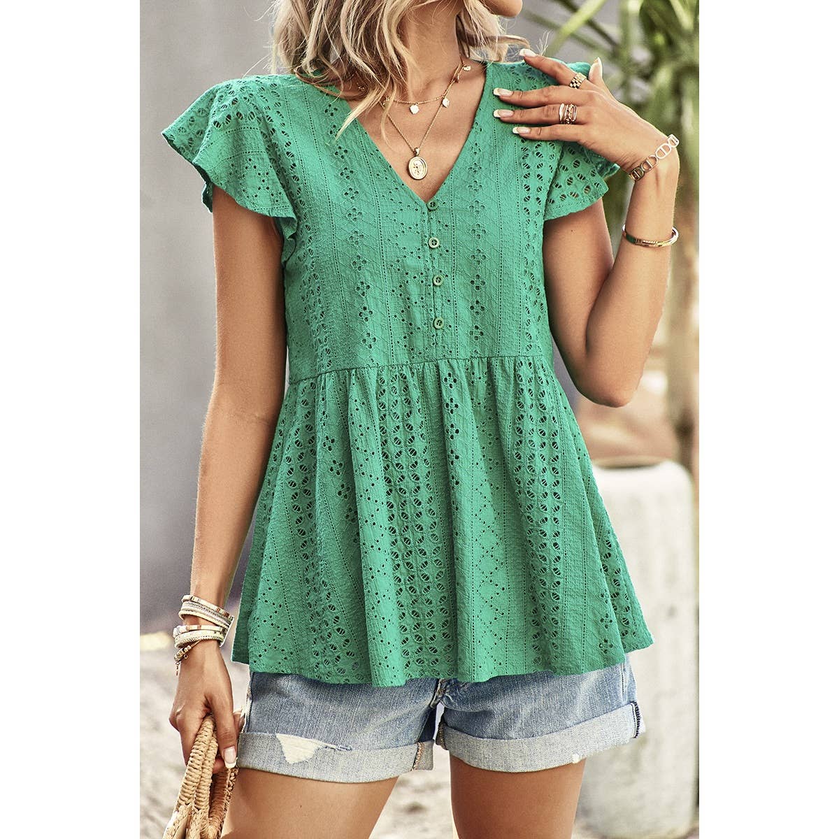 Ruffled Hollow Out V Neck Trim Peplum Top - MVTFASHION.COM