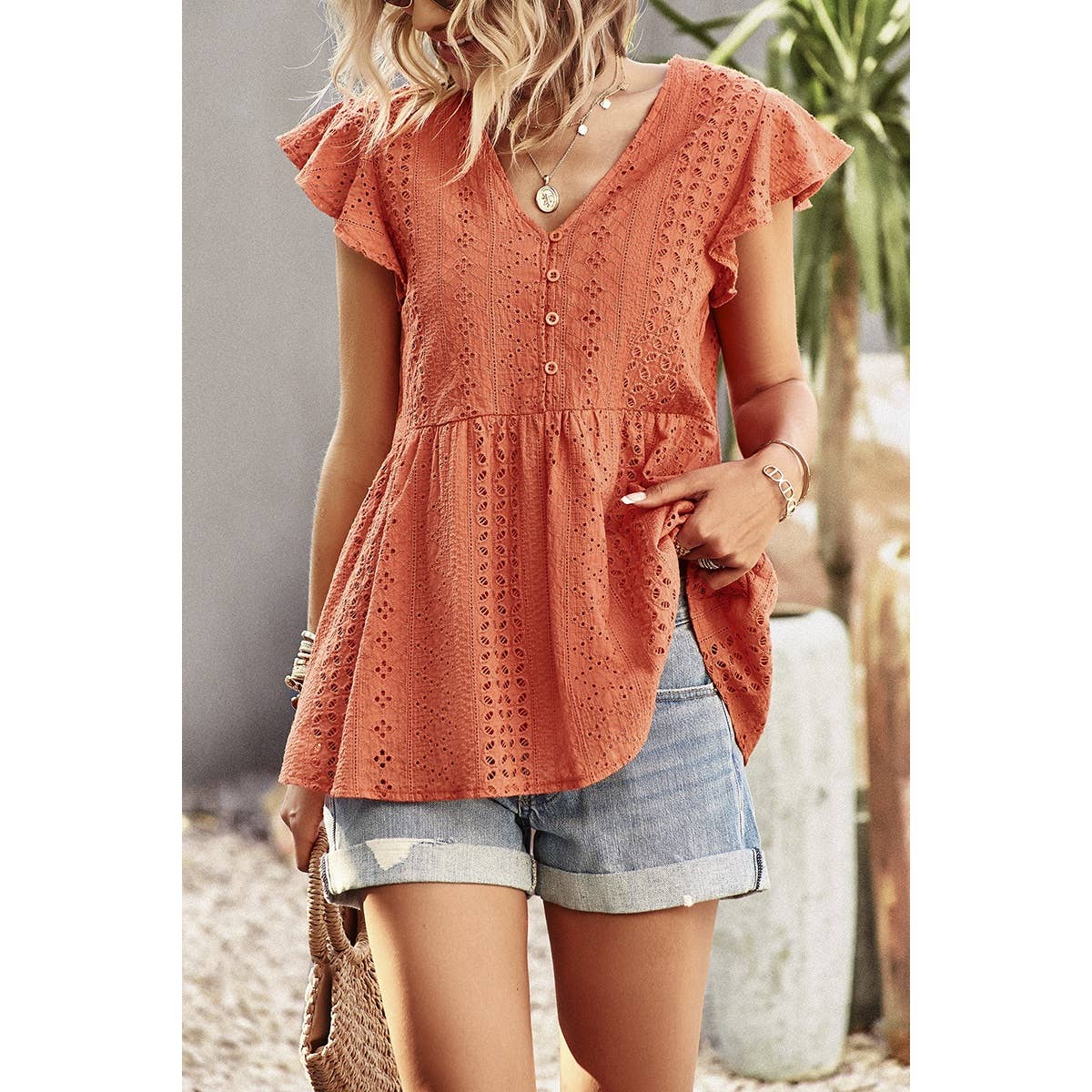 Ruffled Hollow Out V Neck Trim Peplum Top - MVTFASHION.COM