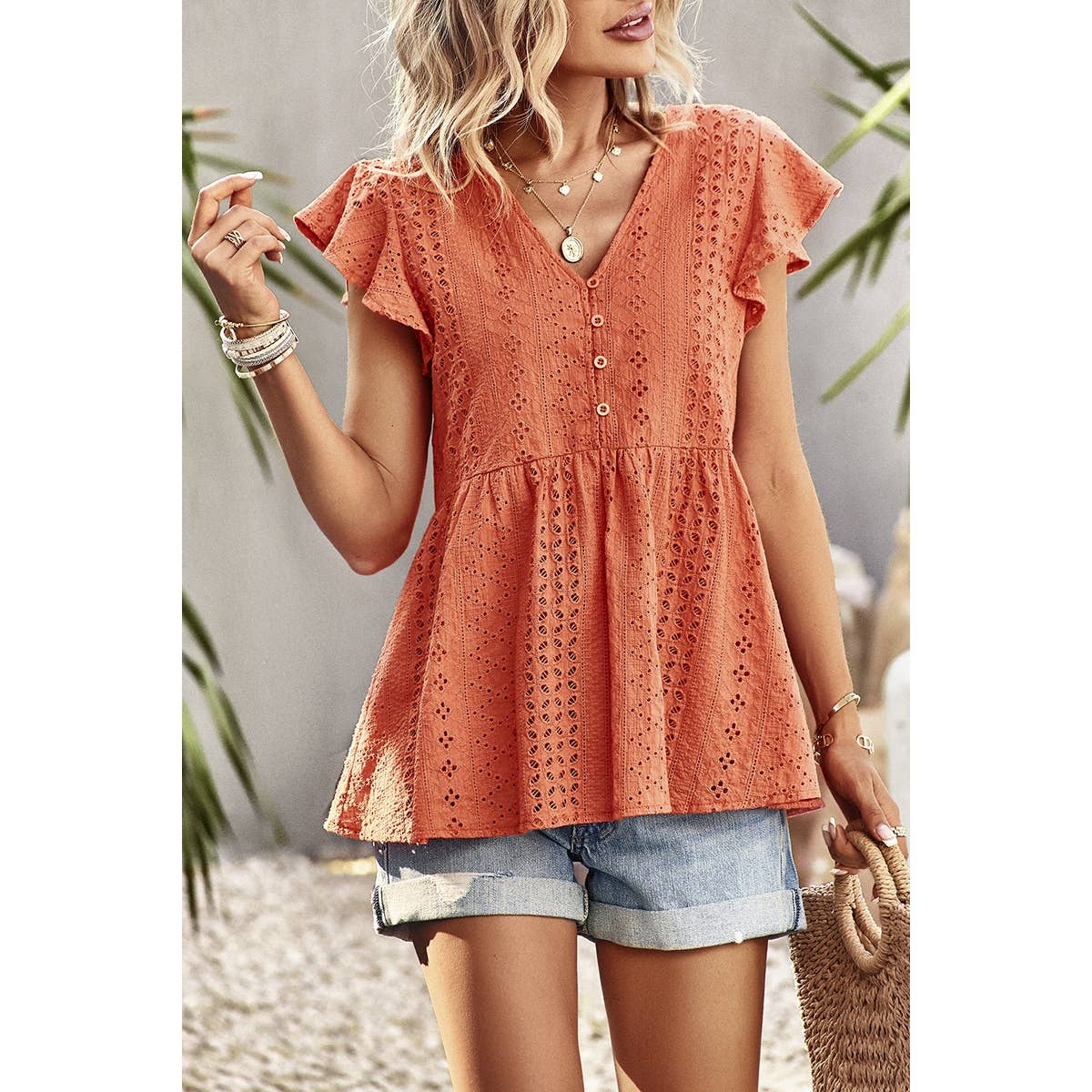 Ruffled Hollow Out V Neck Trim Peplum Top - MVTFASHION.COM