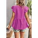 Ruffled Hollow Out V Neck Trim Peplum Top - MVTFASHION.COM