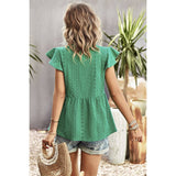 Ruffled Hollow Out V Neck Trim Peplum Top - MVTFASHION.COM