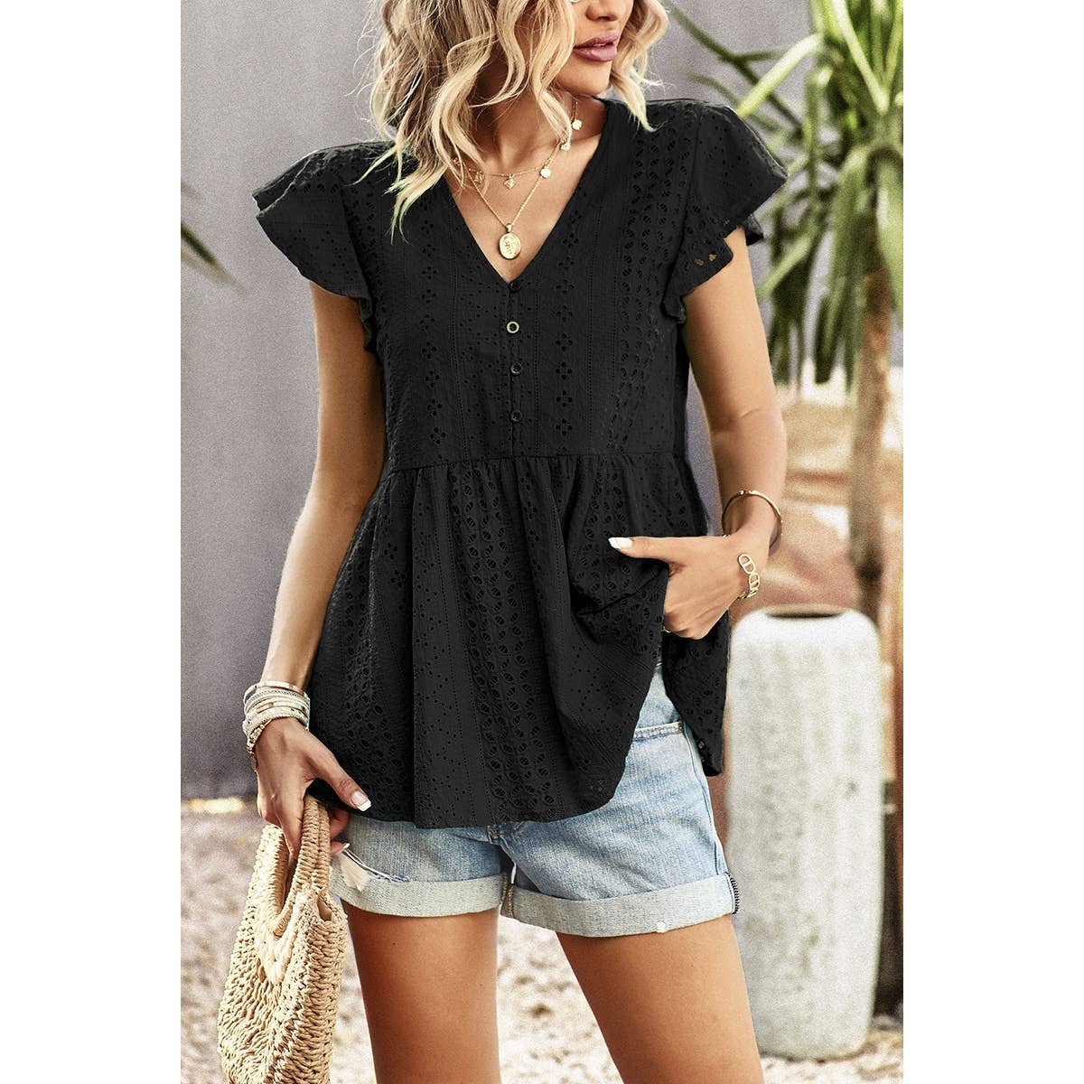 Ruffled Hollow Out V Neck Trim Peplum Top - MVTFASHION.COM