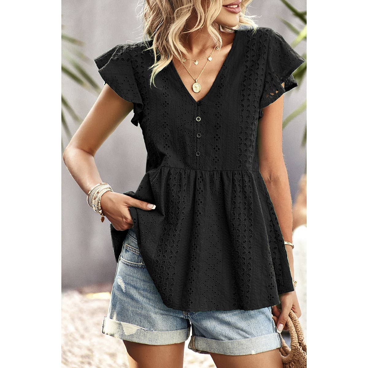 Ruffled Hollow Out V Neck Trim Peplum Top - MVTFASHION.COM