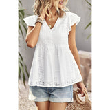 Ruffled Hollow Out V Neck Trim Peplum Top - MVTFASHION.COM