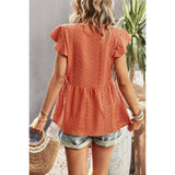 Ruffled Hollow Out V Neck Trim Peplum Top - MVTFASHION.COM