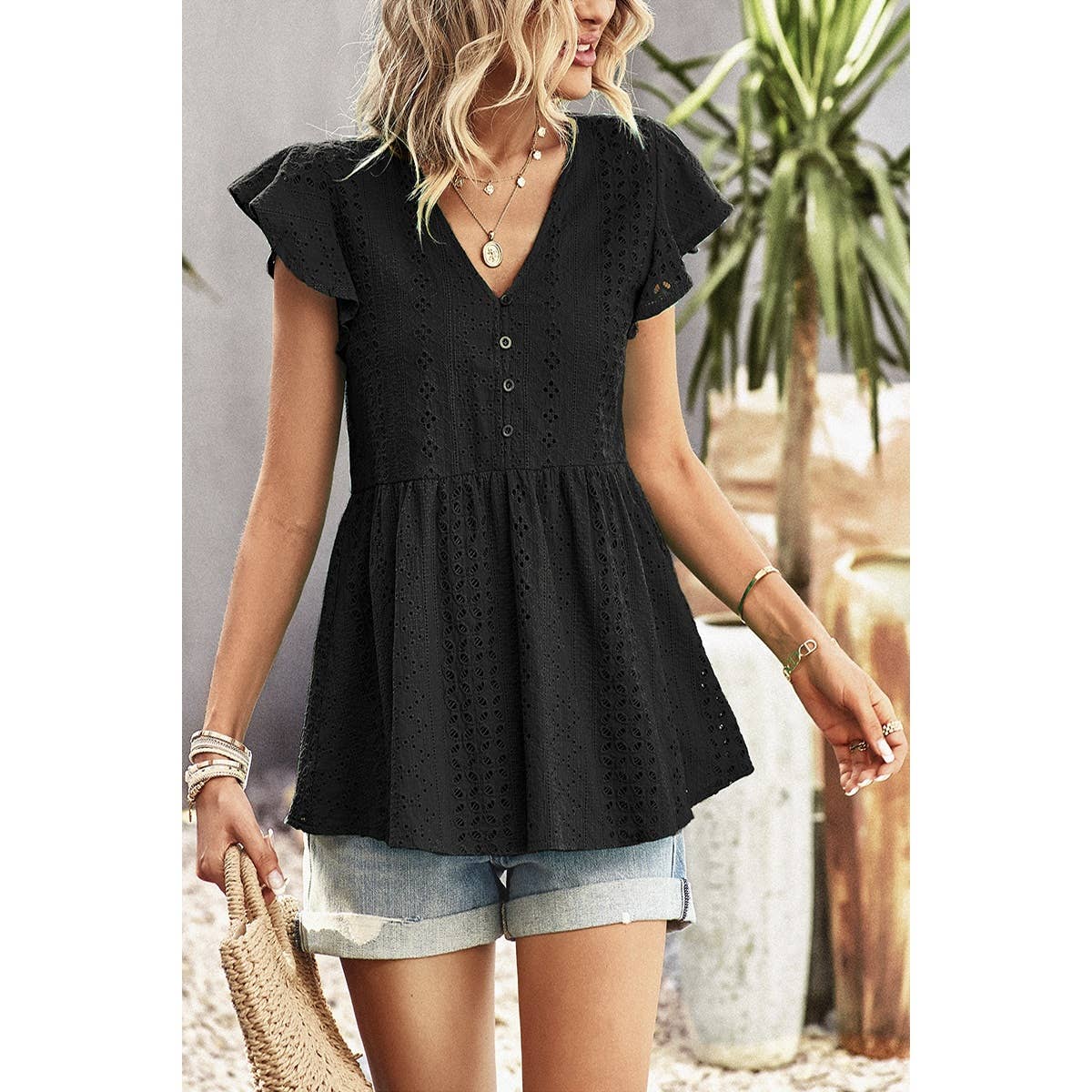 Ruffled Hollow Out V Neck Trim Peplum Top - MVTFASHION.COM