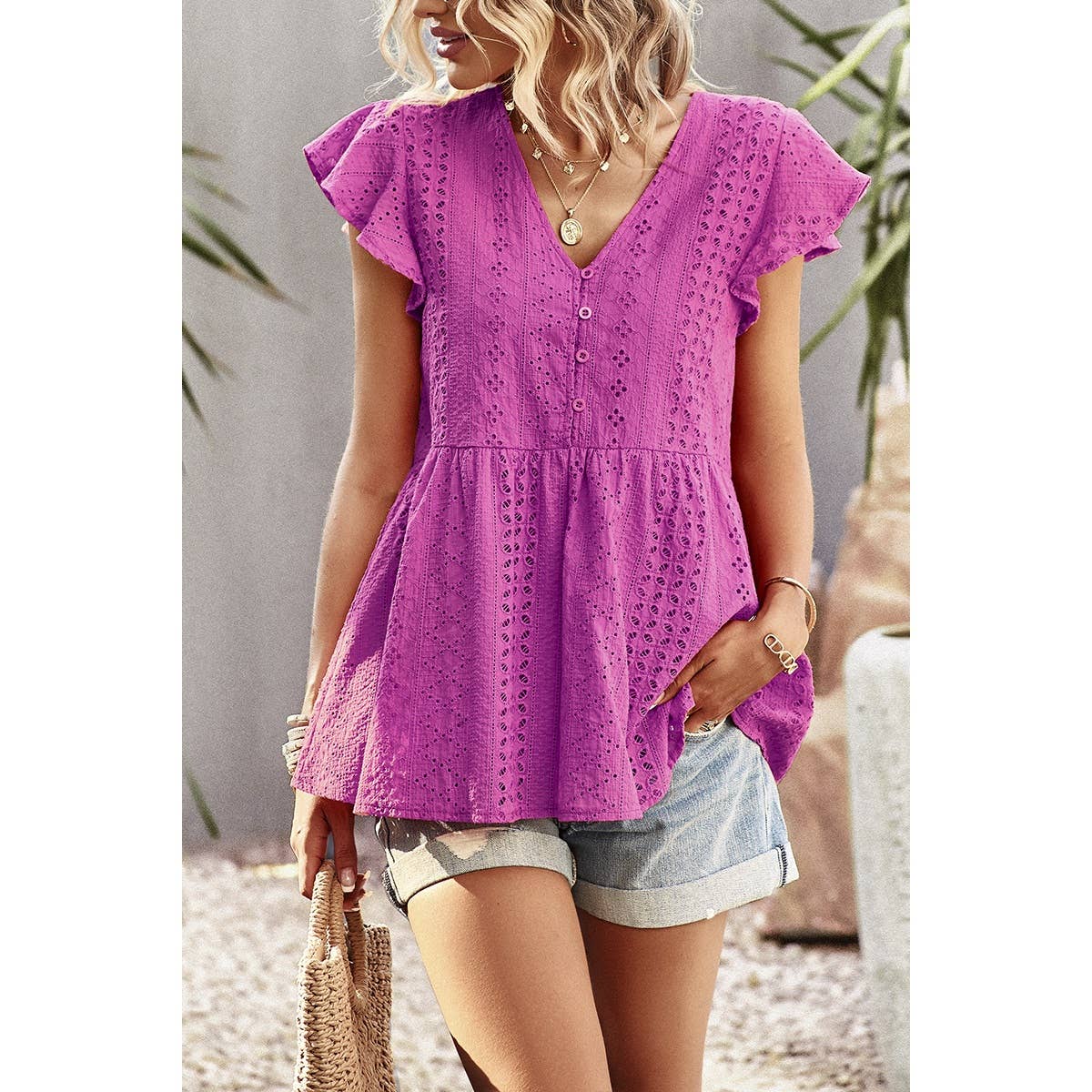 Ruffled Hollow Out V Neck Trim Peplum Top - MVTFASHION.COM