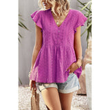 Ruffled Hollow Out V Neck Trim Peplum Top - MVTFASHION.COM