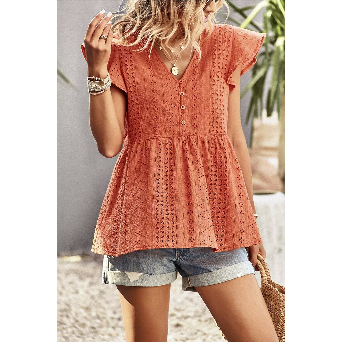 Ruffled Hollow Out V Neck Trim Peplum Top - MVTFASHION.COM