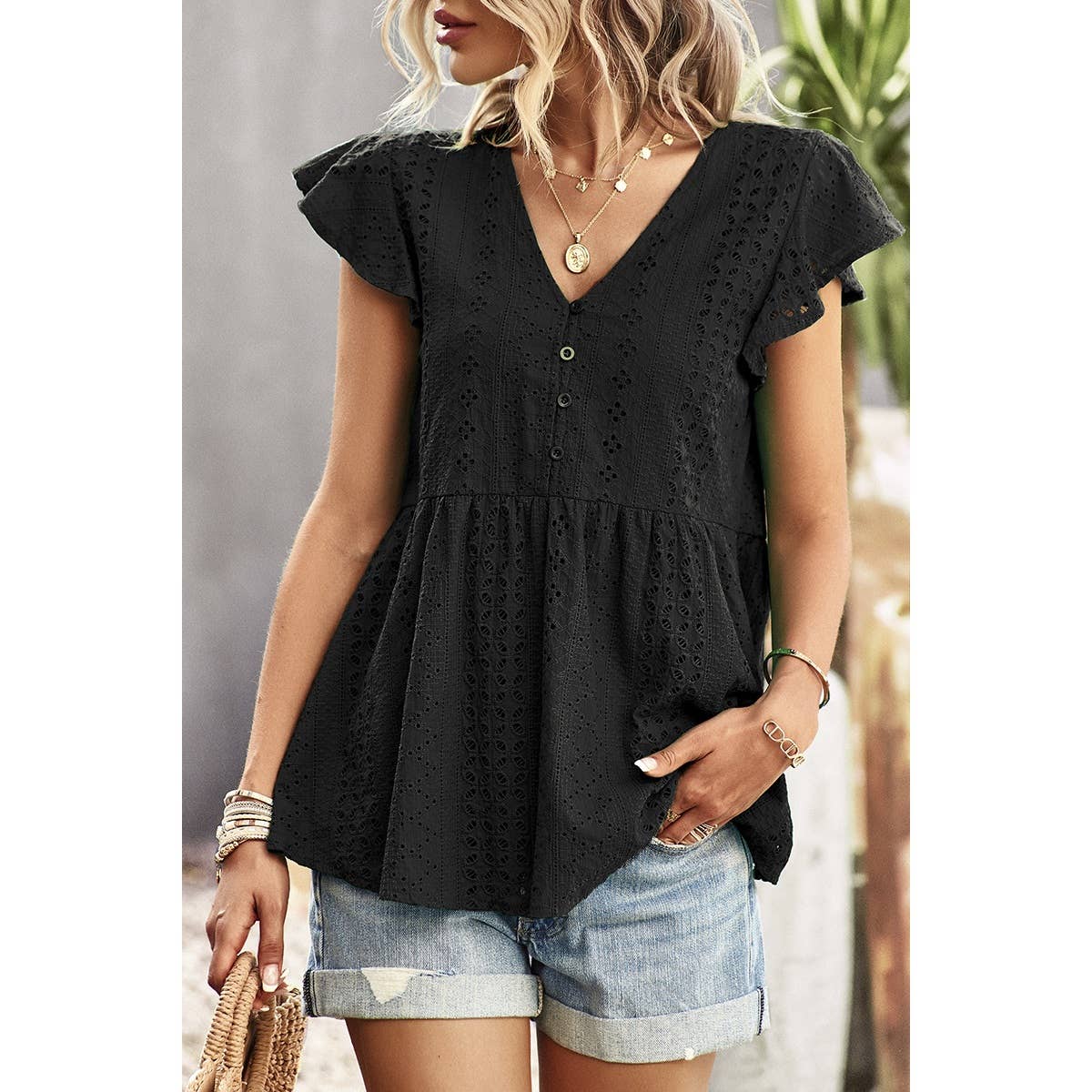 Ruffled Hollow Out V Neck Trim Peplum Top - MVTFASHION.COM