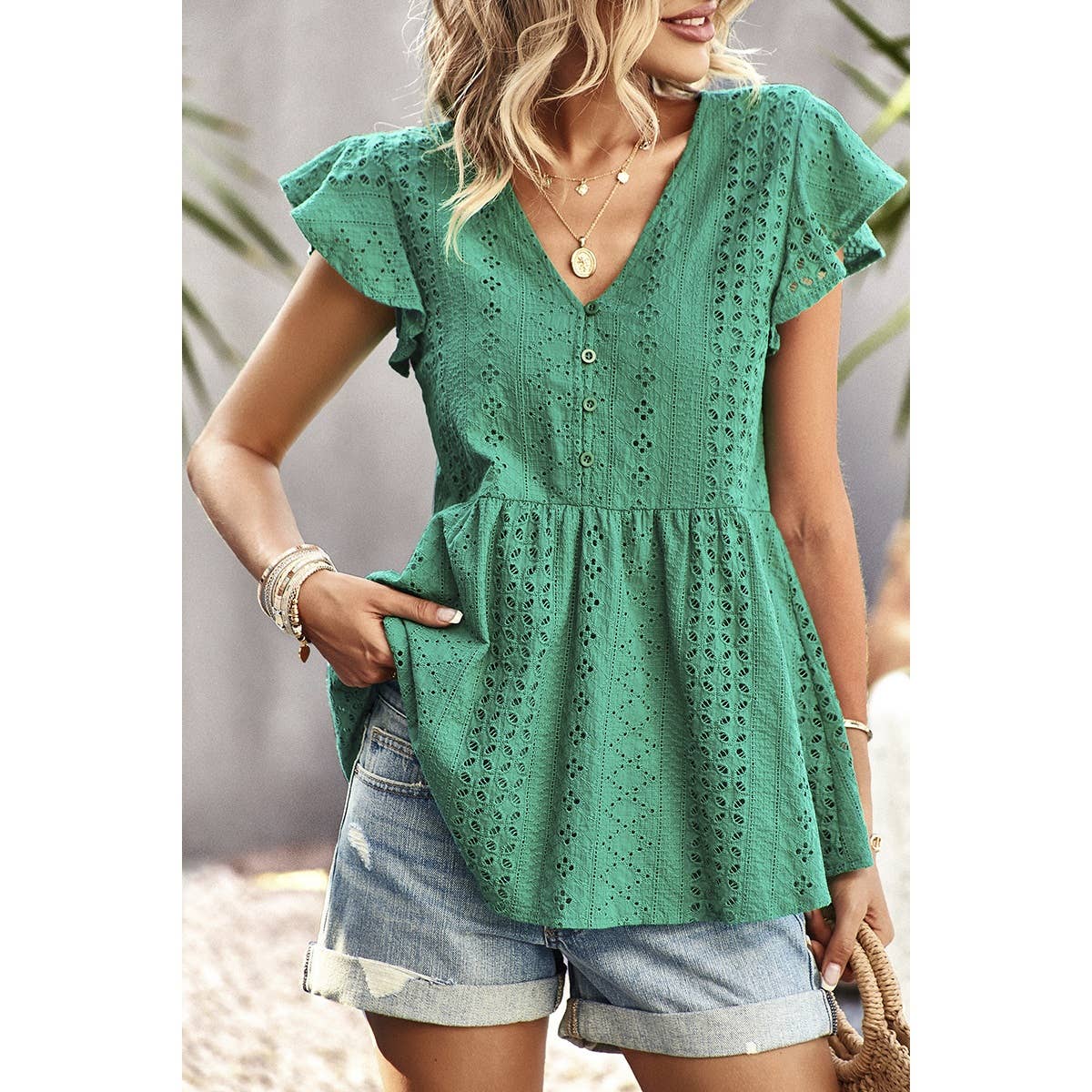 Ruffled Hollow Out V Neck Trim Peplum Top - MVTFASHION.COM