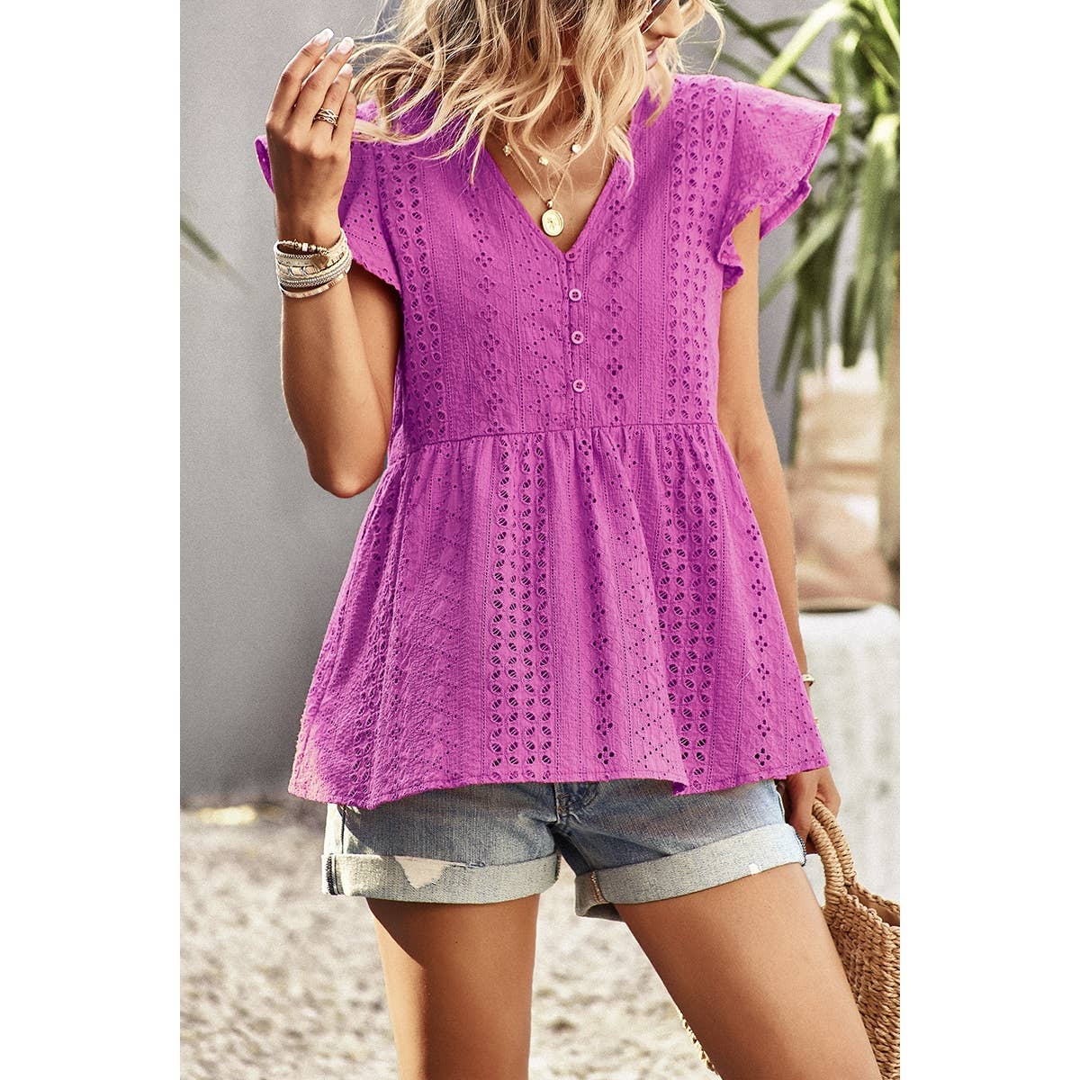 Ruffled Hollow Out V Neck Trim Peplum Top - MVTFASHION.COM