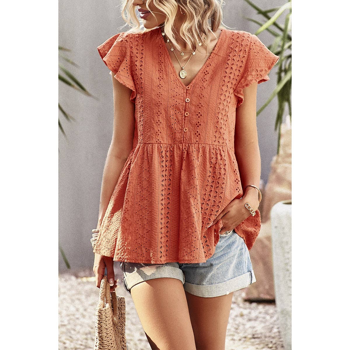 Ruffled Hollow Out V Neck Trim Peplum Top - MVTFASHION.COM